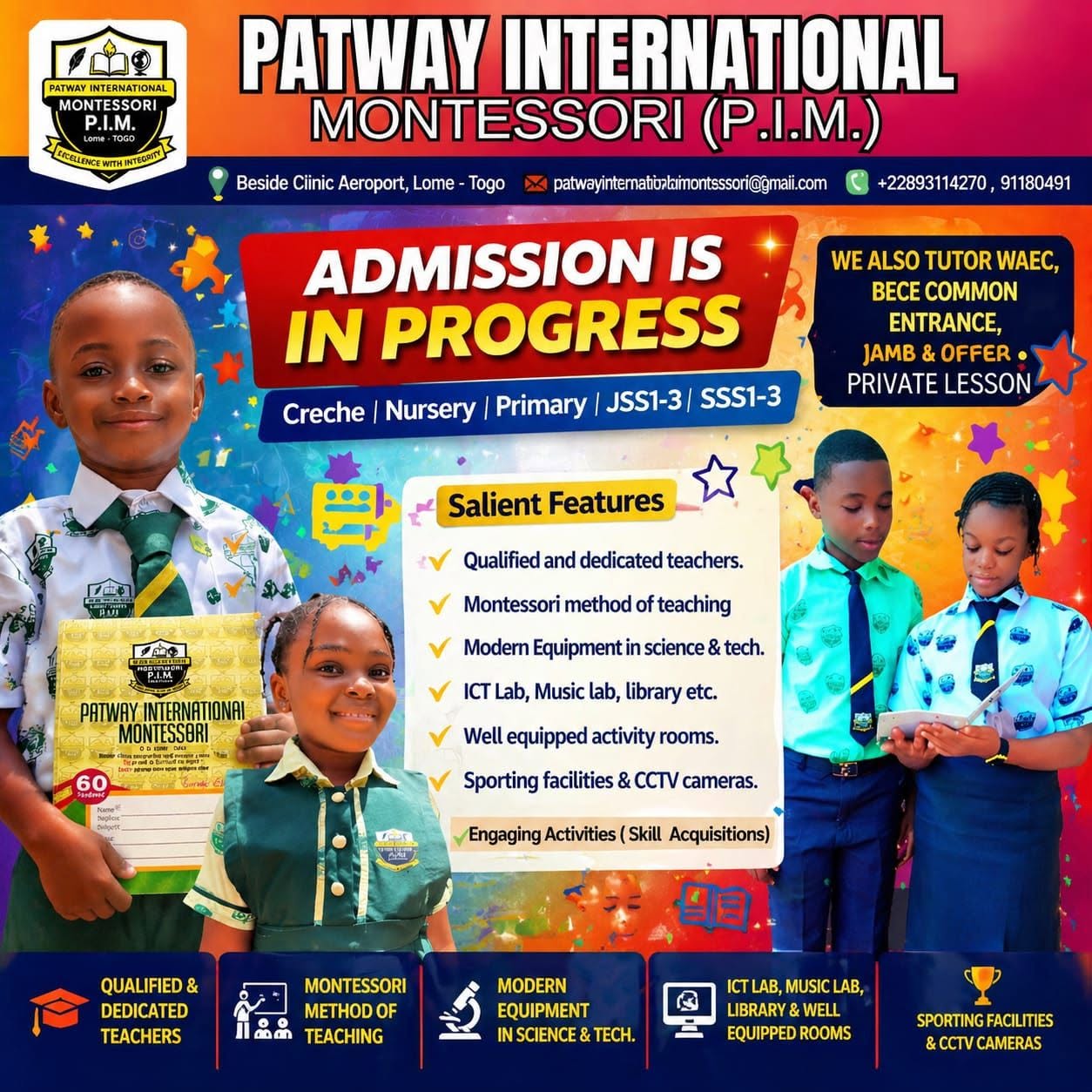 Admission is in progress flyer of Patway International Montessori Lomé: Crèche, Nursery, Primary, JSS1-3, SSS1-3