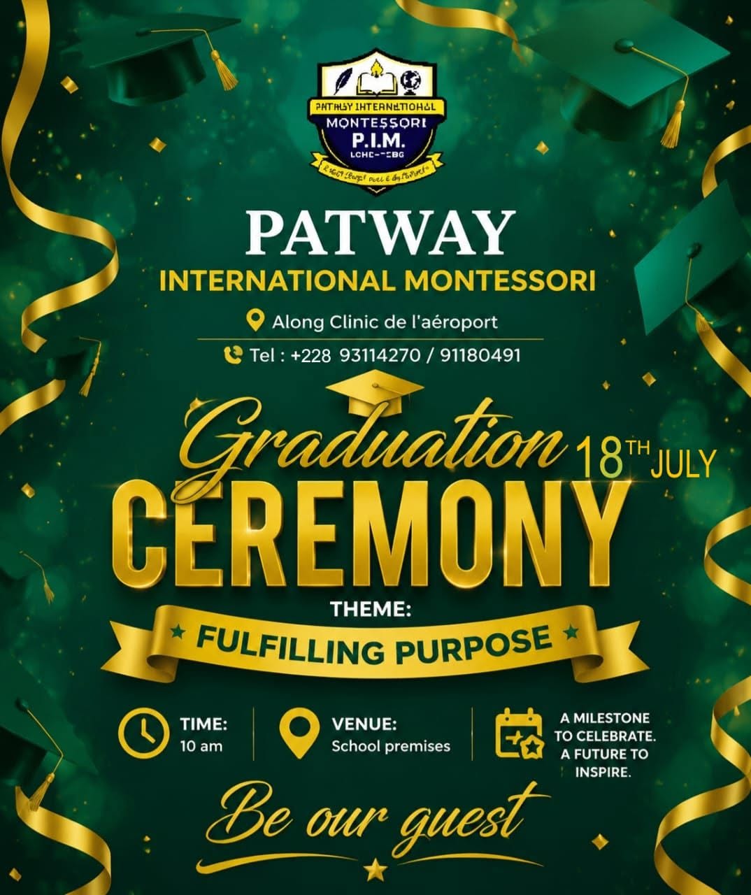 Graduation Ceremony invitation, 18 July 2026, theme Fulfilling Purpose, Patway International Montessori Lomé
